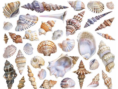 Seashell clipart arranged in a decorative pattern,Clipart, watercolor illustration, Perfect for nursery art The style is handdrawn, white background