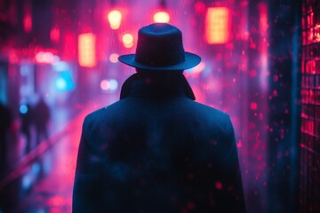 Neon Halloween scene with a shadowy figure in a trench coat and fedora