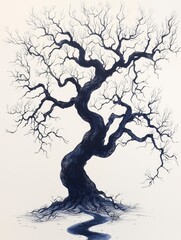 Silhouette of a Twisted Tree with a Winding Stream