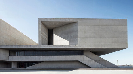 Strong shadows cast on a brutalist concrete building facade