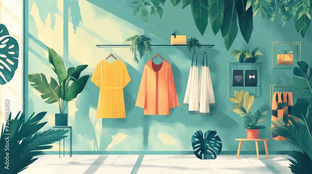 Poster flat design showcasing sustainable fashion trends and retail display concepts the image features a m