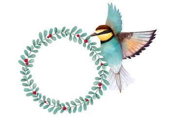 Obraz premium Watercolor bird with wreath png botanical drawing clipart
