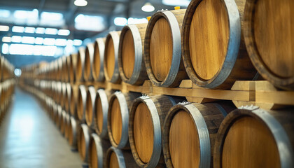 Wine barrels stacked in rows are ageing in a cellar