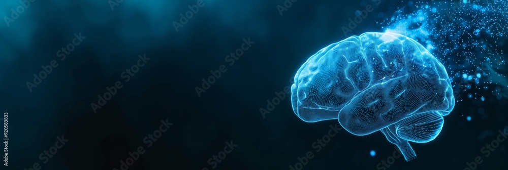 Poster a high-tech digital illustration showing a detailed brain with blue, glowing neural pathways and syn