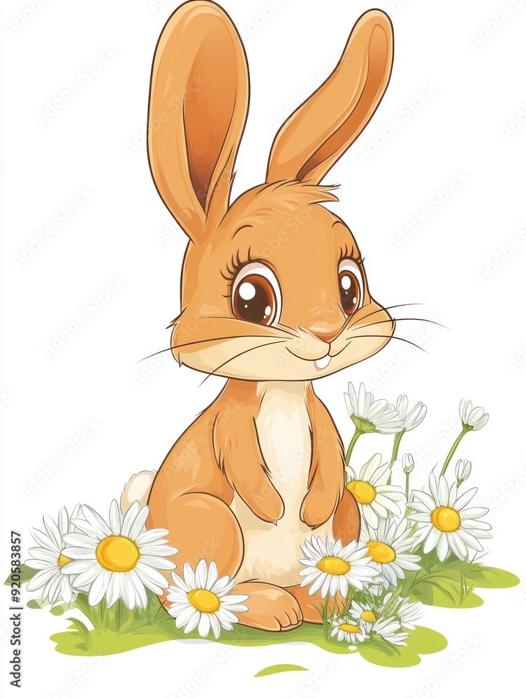 Wall mural Cute cartoon bunny with big eyes surrounded by daisies in a meadow.