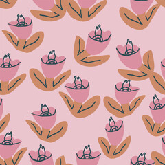 Floral seamless pattern with pink tulips and leaves. Vector background, print, design