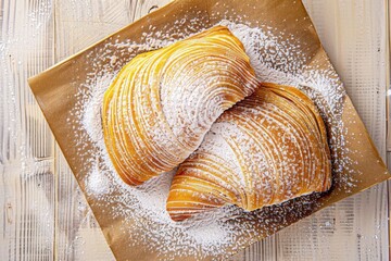 half-eaten sfogliatelle on a napkin, focus on the flaky crust. Beautiful simple AI generated image in 4K, unique.
