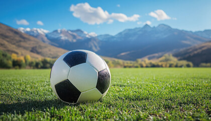 Soccer ball resting on lush green field with mountain vista