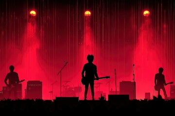 Silhouette of a Band Performing on Stage with Red Lighting
