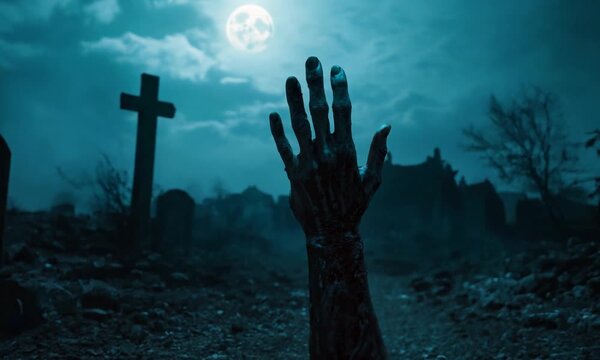 A zombie hand rising from the cemetery in a spooky night. Halloween party card - pumpkins and skeletons in the cemetery at night