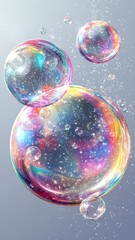 Naklejka premium Set of realistic colorful soap bubbles on white background,Soap bubbles for vector illustrations,3d pink soap ball. Realistic rainbow water bubble,Pink soap bubbles float,copy space.