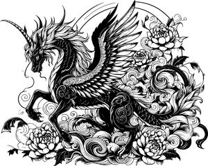 black dragon kirin, isolated on white, Qilin the dragon of wise, editable stroke, ready for your design