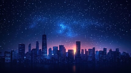 Vector illustration of night city and full moon with galaxy under starry sky,cityscape and its reflection,Dark urban,Night town in flat style,abstract background,Panorama city,Square banner concept.