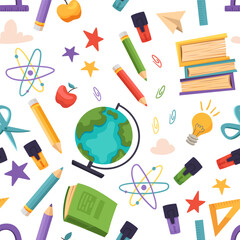 Seamless school pattern. Back to school background with education elements and doodle icons symbols. Vector cartoon illustration