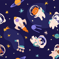 Space Animals Seamless pattern. Cute animal astronauts in space suits, space team in universe, wallpaper kids print vector texture with rockets, stars, planets and moon. 