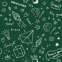 School seamless pattern with doodles. Green Chalkboard background with white school supplies, rocket. Vector cartoon wallpaper for print, wrapping paper, packaging.