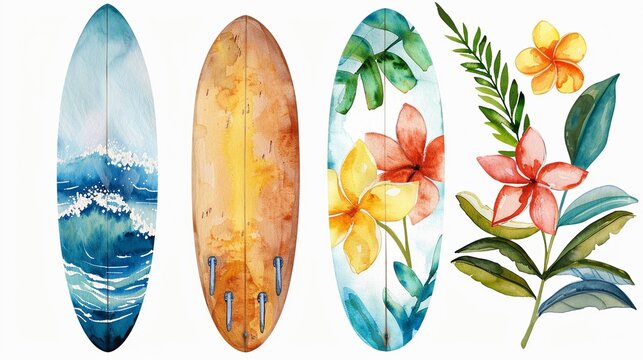 Surfboard clipart with tropical designs,Clipart, watercolor illustration, Perfect for nursery art The style is handdrawn, white background