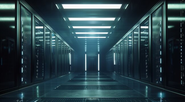 A sleek corridor in a high-tech data center, illuminated with bright lights and reflective surfaces.