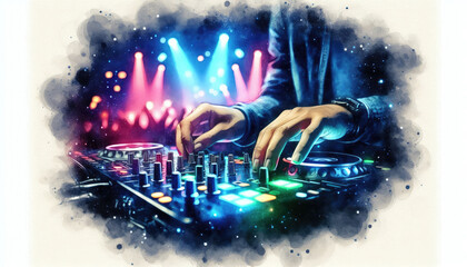 An image featuring a DJ actively mixing music on a modern deck, with vibrant lights illuminating the colorful stage in the background, capturing the energetic atmosphere of a live music event.