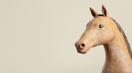 Close-up of a wooden horse head with a light brown background.