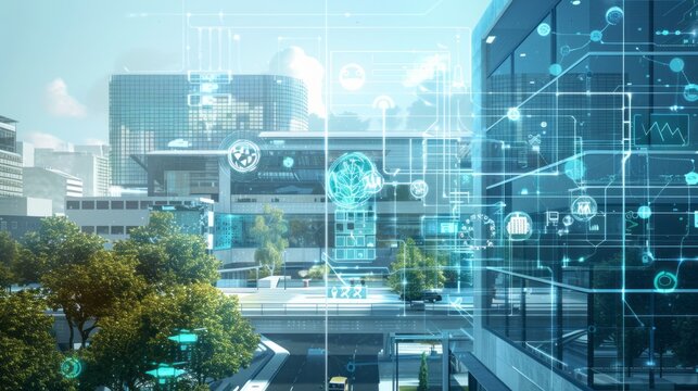 A cityscape with a lot of technology and a lot of green trees