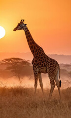 A solitary giraffe gazes into the distance as the sun sets over the savanna, casting a warm golden glow across the landscape, surrounded by silhouettes of trees.