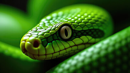 Obraz premium A vibrant green snake with striking scales lounges among dense green leaves in a tropical rainforest, showcasing its intricate patterns and intense gaze.