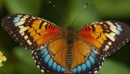 Fototapeta premium A colorful butterfly with orange and blue wings rests on a delicate flower, surrounded by greenery in a vibrant garden under bright sunlight.