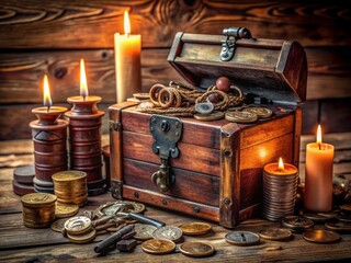 A small, rustic, wooden treasure chest overflowing with assorted vintage trinkets, antique keys, and weathered coins, surrounded by candles and vintage books.