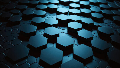 A striking arrangement of hexagonal shapes spreads across the surface, illuminated by soft blue lighting that enhances the geometric design, creating a contemporary and visually appealing atmosphere.
