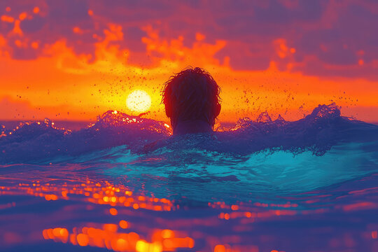 A serene yet powerful image of a lone person swimming in a vast ocean, bathed in the warm glow of a vivid sunset, evoking tranquility and introspection.