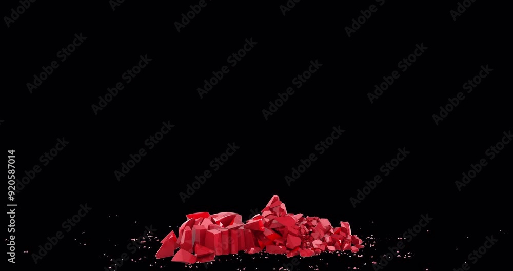 Poster red heart falling down and breaking into pieces, 3d animation isolated on transparent background
