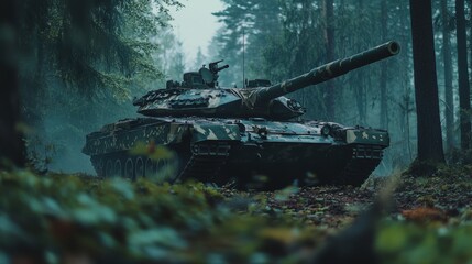 Military tank positioned in a misty forest, showcasing its rugged design and camouflage against the tranquil wilderness backdrop.