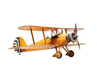 a yellow airplane with black and white stripes