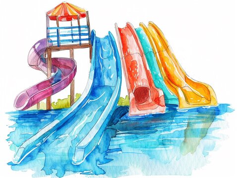 watercolor water slides in pool clip art preview