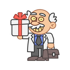 Professor holds gift box and smiles