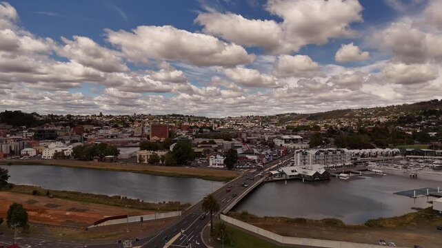 Bridge on North Esk River crossing Launceston city, Tasmania in Australia. Aerial drone view