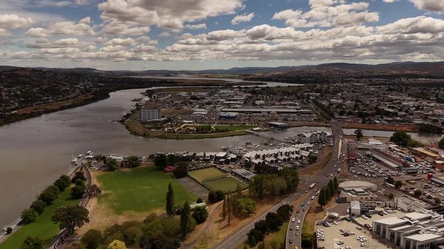 River Tamar and North Esk River, Launceston city in Tasmania, Australia. Aerial drone panoramic view