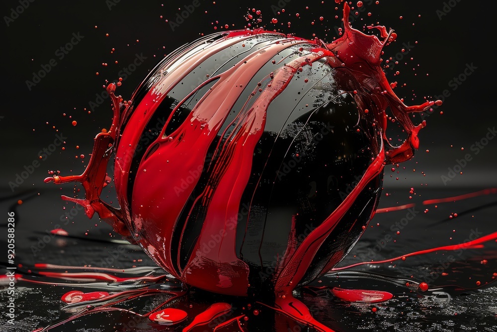 Poster a captivating 3d image features a black sphere with vivid red streaks emerging from its surface, sur
