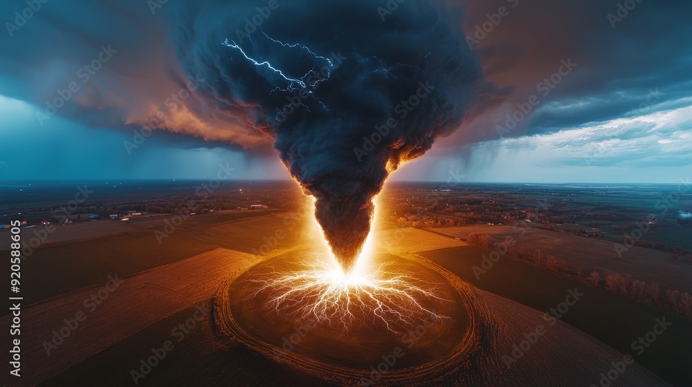 Poster aerial view of a tornado forming over open farmland with lightning illuminating the scene. typhoon