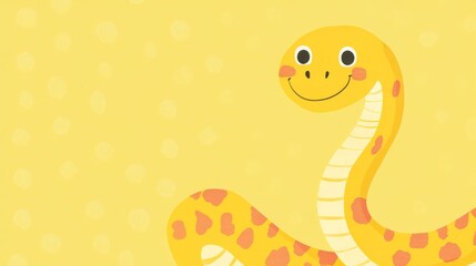 Fototapeta premium A yellow snake with a smiling face on a yellow background with small white polka dots.