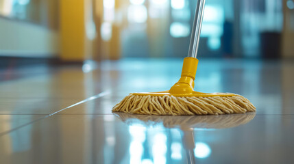 Closeup of a modern yellow mop and bucket on gleaming clean floor photo advertisement style sunny daylight  window positive emotion colors clean up housekeeping maid house cleaning service copy space