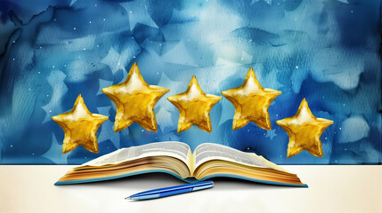 Five golden stars above an open book and pen. ..