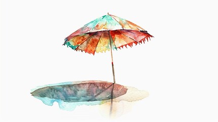 Obraz premium Beach umbrella clipart casting a patterned shadow,Clipart, watercolor illustration, Perfect for nursery art The style is handdrawn, white background