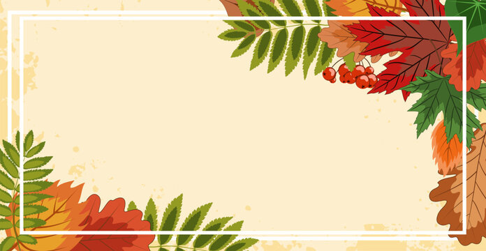 autumn square frame, lots of bright fallen leaves framed with an empty center on a light textured background. colorful vector illustration on an autumn theme