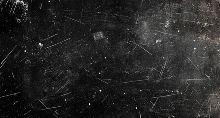 A black surface with scattered white stars, dust, and scratches, giving it a grainy, old film texture with a vintage appeal..