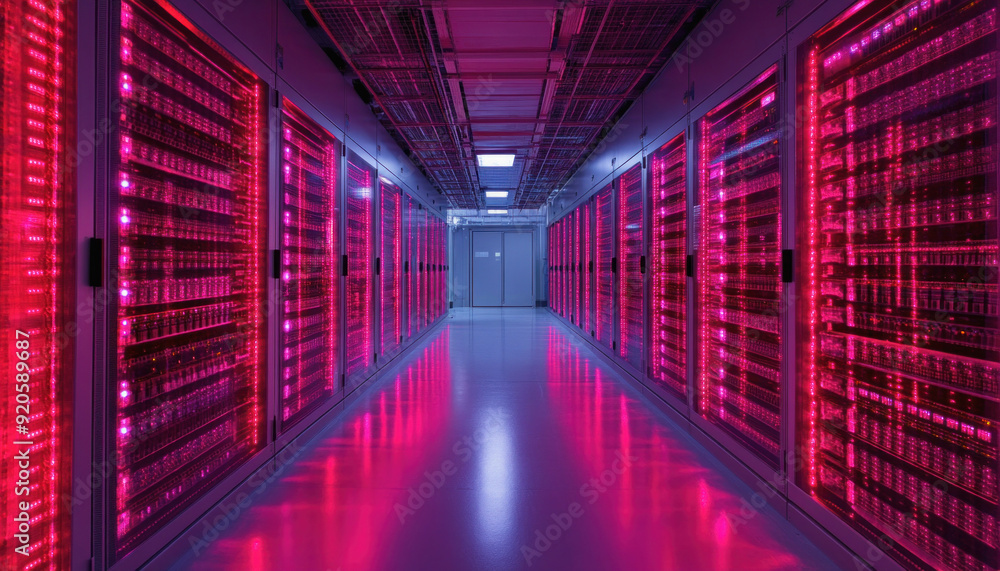 Poster server room with modern computers storing big data with pink lights