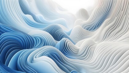Abstract blue and white wave patterns flowing through a soft landscape background with gentle light