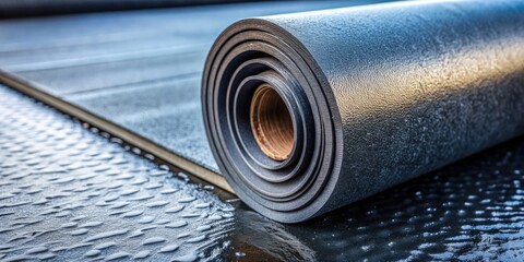 A close-up shot of a rolled EPDM rubber membrane, a durable and flexible waterproofing material, with a textured surface and subtle color variations.