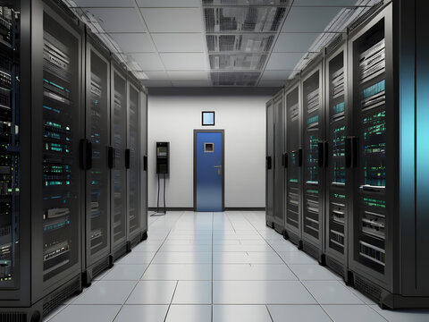 Servers racks walkthrough in Modern data center. Cloud computing datacenter server room. Cloud computing data storage 3d renderserver rack with servers,server rack with servers,server rack in a center